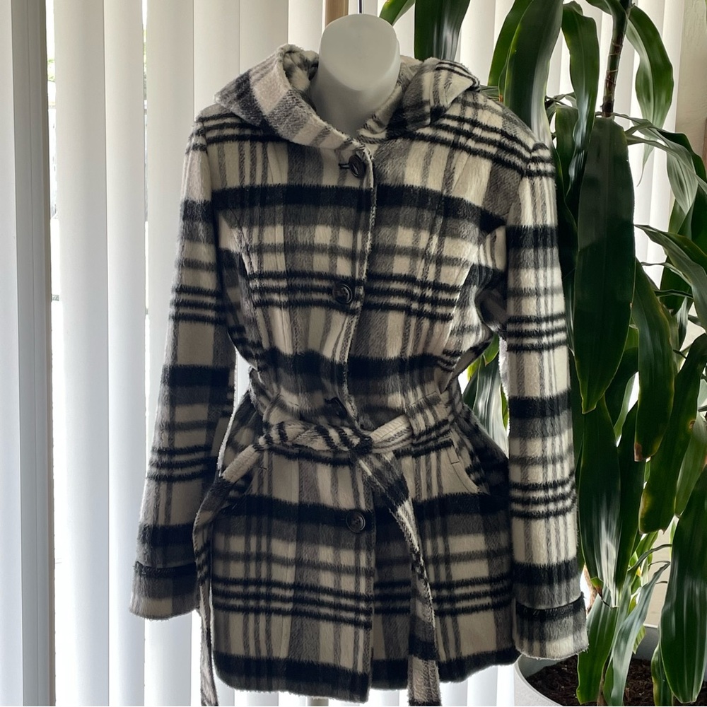 Apt. 9 Pea Coat Plaid Black White Jacket Hooded with Belt Women’s Size Medium